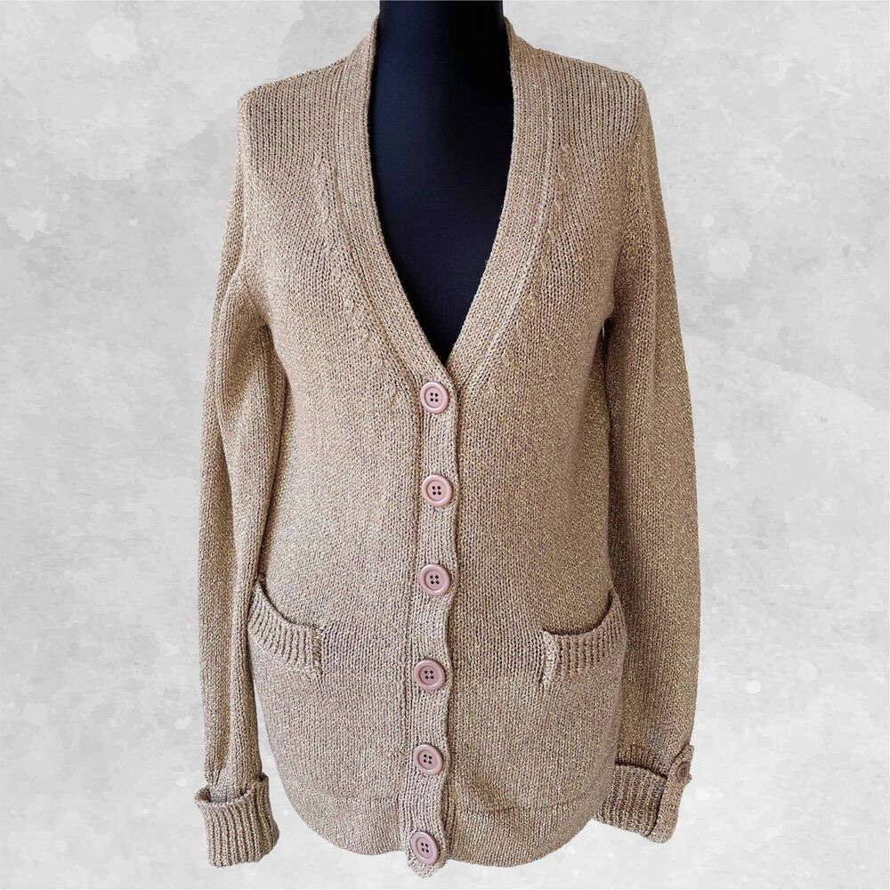 Orvis Cardigan Sweater Women's Small Gold Linen Blend Button Front Pockets
